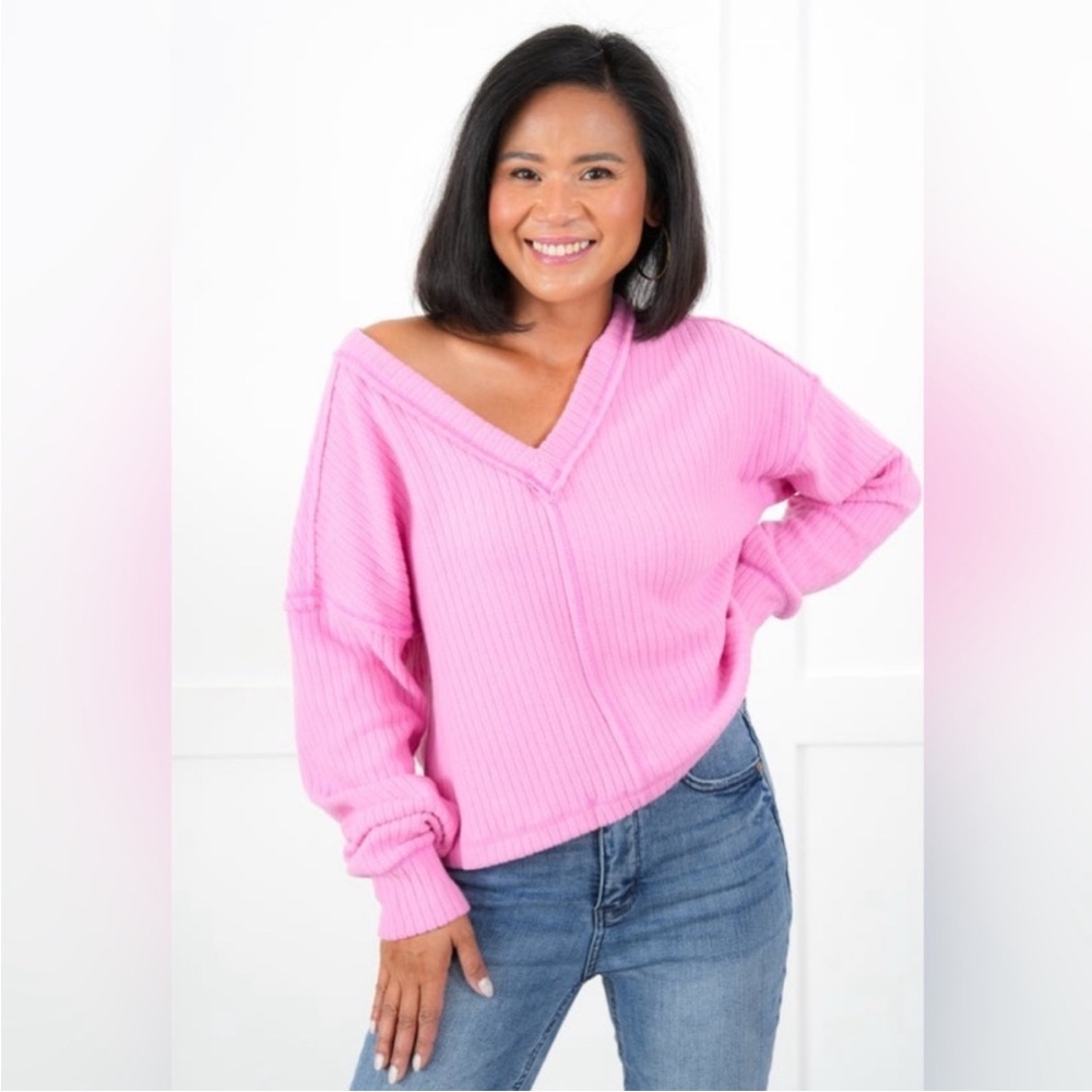 Pink V-Neck Ribbed knit Sweater
